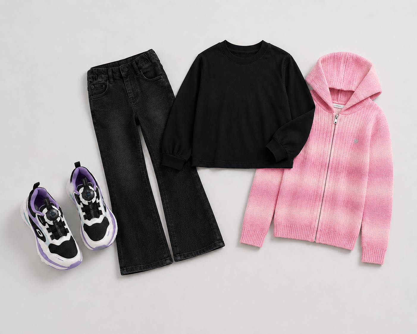 BUNDLE për Vajza – Set Trendy me Atlete, Bluzë, Xhinse dhe Pulovër Rozë